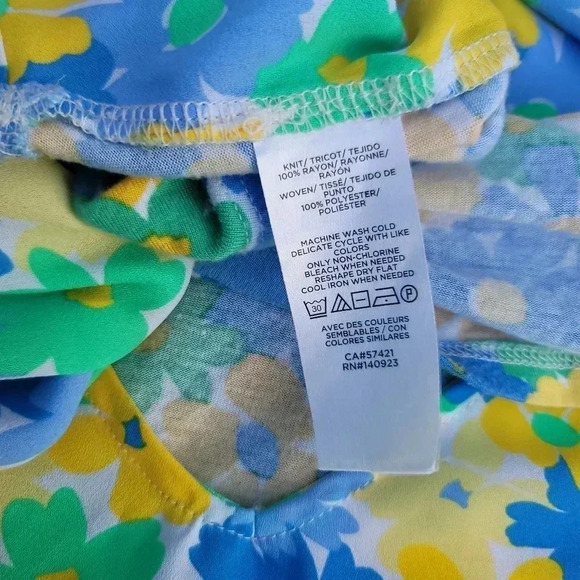 LOFT Womens Top Sz S Yellow Blue Green Floral Blouse Short Sleeve V-Neck Ruffle - Picture 3 of 8